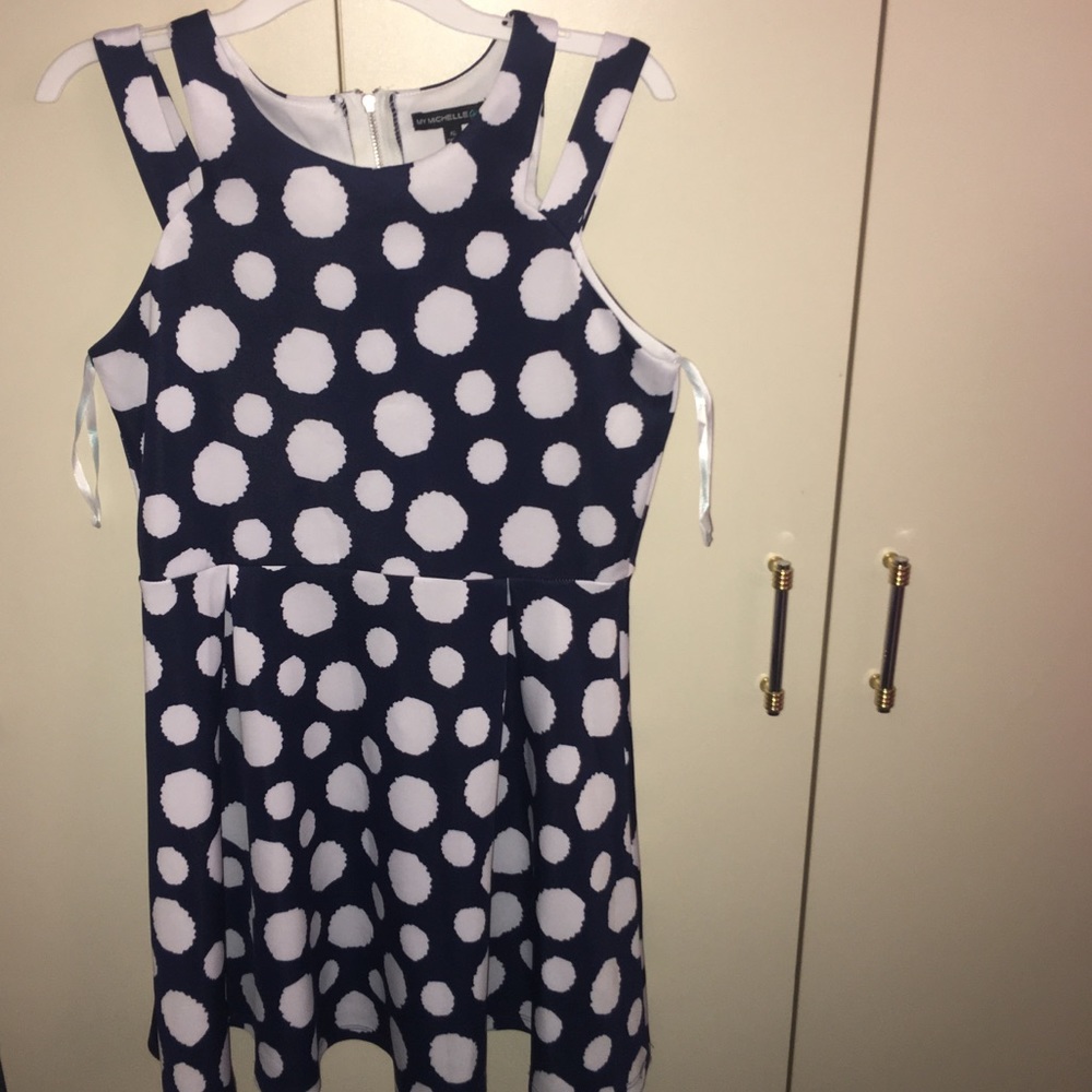 Girls 16 My Michelle Navy & White Polka Dot Dress